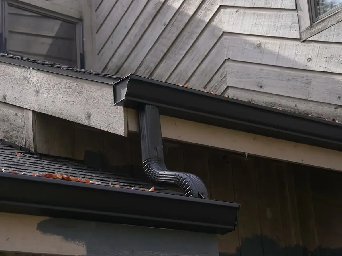 Black gutter and downspout along the roof edge of a wood-sided home