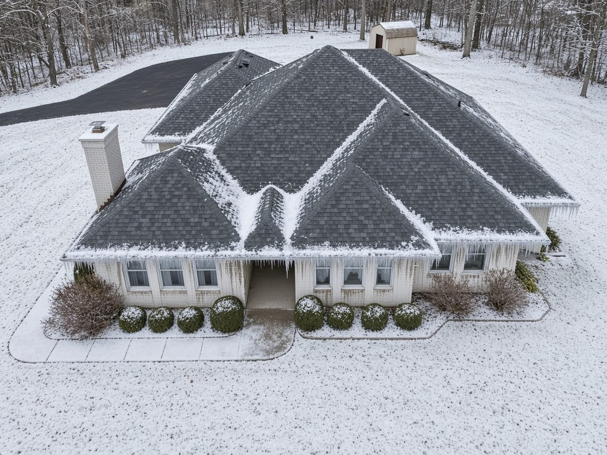 Illustration of a white brick ranch home in winter with ice and icicles along the gutters and snow in the roof valleys