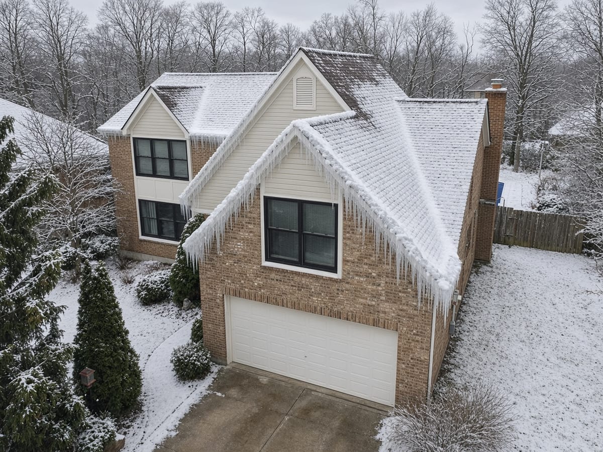 Illustration of a two-story brick home in winter with thick ice and icicles along the roof edge