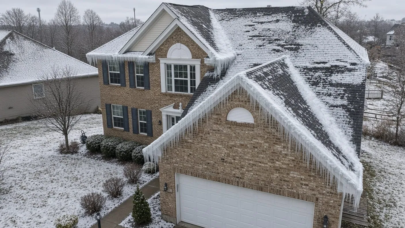 Illustration of a two-story brick home in winter with ice and icicles along the roof edge above the garage