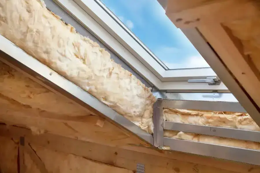 Insulation packed around the frame of a roof window
