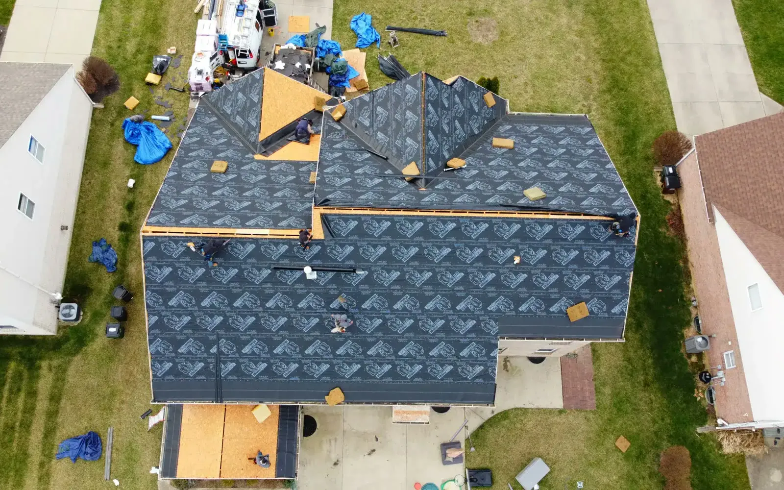 Drone photo of a roof with new underlayment down on install day