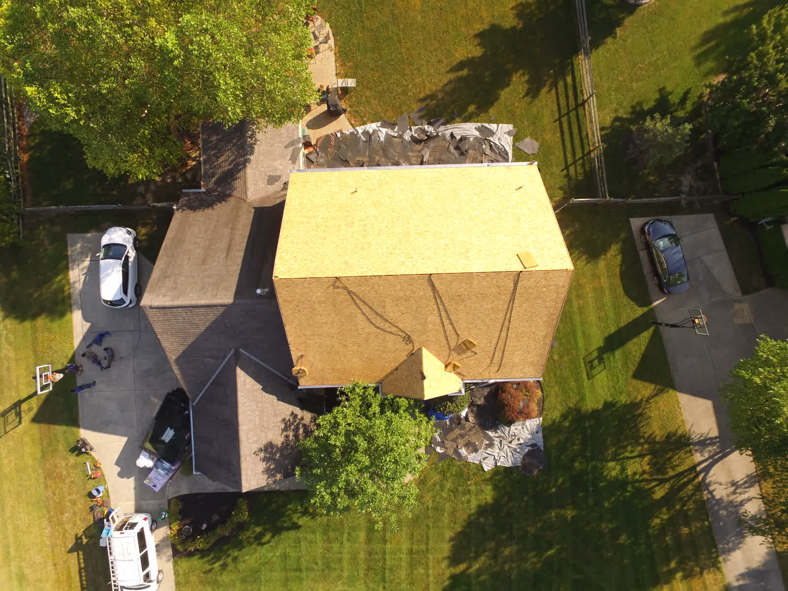 Drone photo of a roof replacement: new decking on the roof