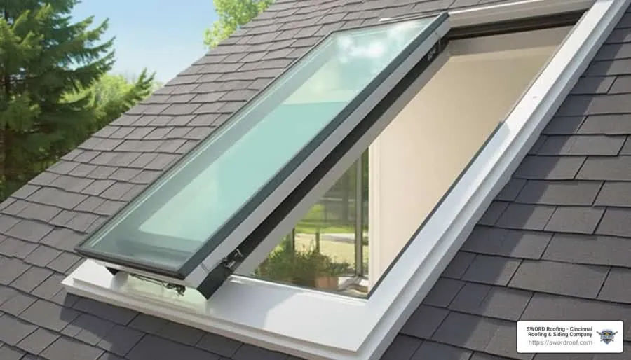 An open roof window in a gray shingle roof