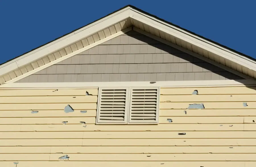 Yellow siding with holes punched in it below a gable vent